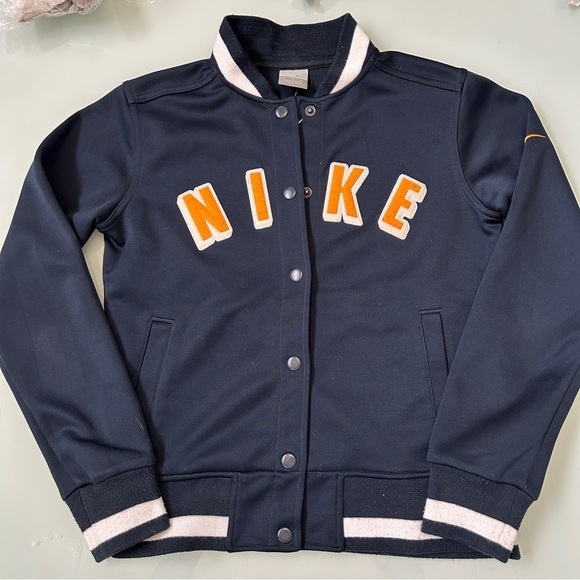 Nike Other - Nike Dark Blue Varsity Jacket with Orange Nike Logo Size Small